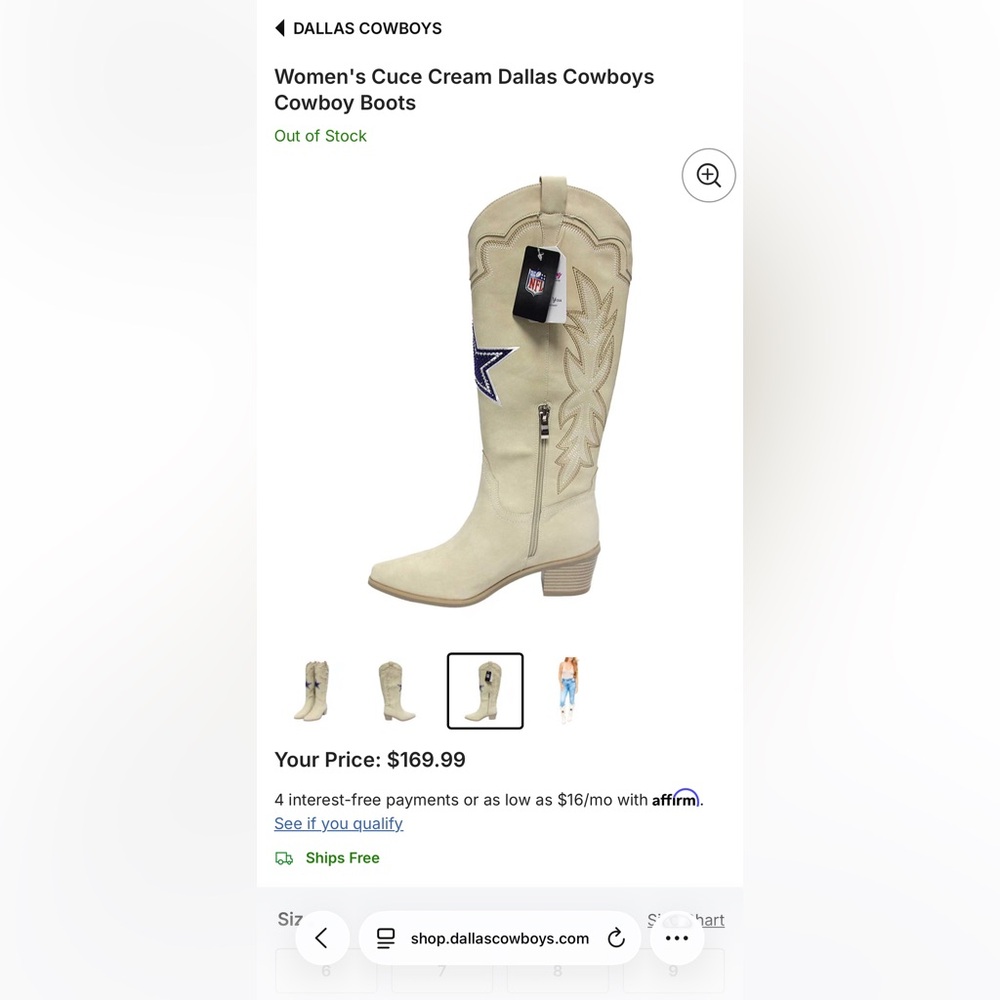 Women's Cuce Cream Dallas Cowboys Cowboy Boots NWT SIZE 8 - Picture 3 of 11